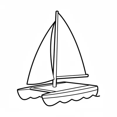 A simple catamaran sailboat with 2 parallel hulls connected by a flat deck coloring page