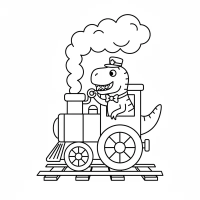 A chunky T-Rex conductor standing in a simple train engine, one tiny arm on the… coloring page