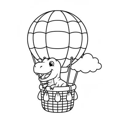 A chunky T-Rex riding a big round hot air balloon basket, its head above the ba… coloring page