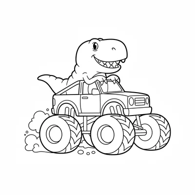 A chunky T-Rex sitting in an oversized monster truck, its huge head poking thro… coloring page