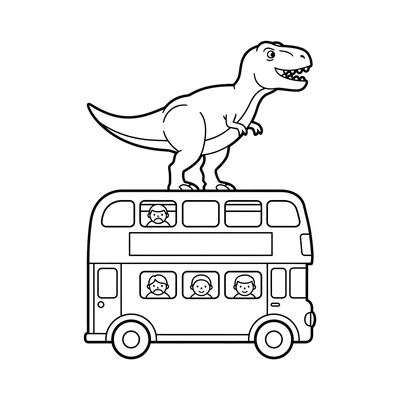 A chunky T-Rex standing on top of a double decker bus, its head above the top d… coloring page