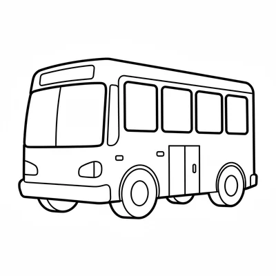 A simple city bus with a tall rectangular body, a long row of windows, a wide coloring page