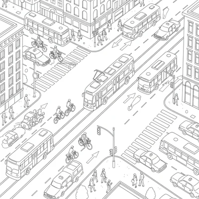 A city intersection from above showing multiple modes of transport, buses coloring page