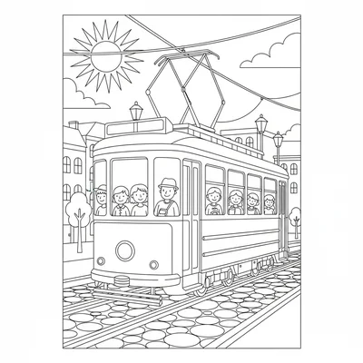 A city tram on a busy street, overhead electric wires connecting it coloring page