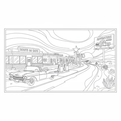 A classic American Route 66 scene with vintage cars coloring page