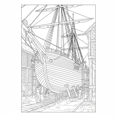 A classic brick-and-timber boat works with a wooden schooner in dry dock, its coloring page