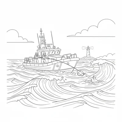 A Coast Guard rescue boat at sea, crew members throwing a life ring to a person coloring page