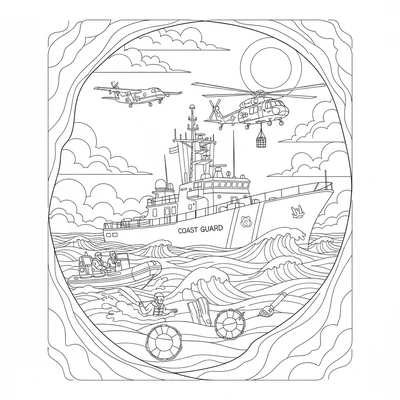 A coastal rescue operation with a Coast Guard cutter, a rescue helicopter coloring page
