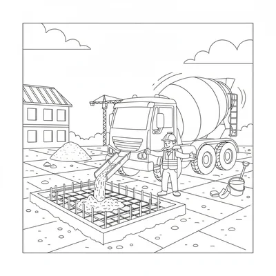 A concrete mixing truck arriving at a construction site, the barrel turning coloring page