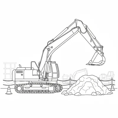 A construction excavator digging a trench, the arm fully extended and bucket coloring page