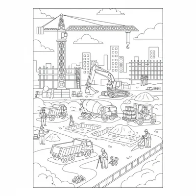 A construction site with a tower crane, an excavator digging a foundation coloring page