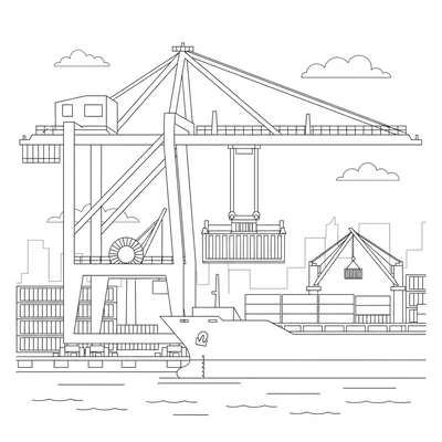 A container crane at a port lifting a shipping container off a cargo ship deck coloring page