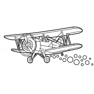 A simple crop duster biplane spraying a trail of simple dot clouds below as it coloring page