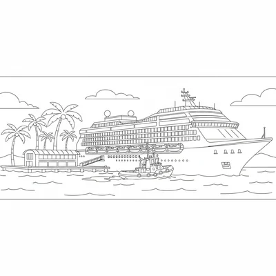 A cruise ship docking at a tropical port, the gangway being lowered, a tugboat coloring page