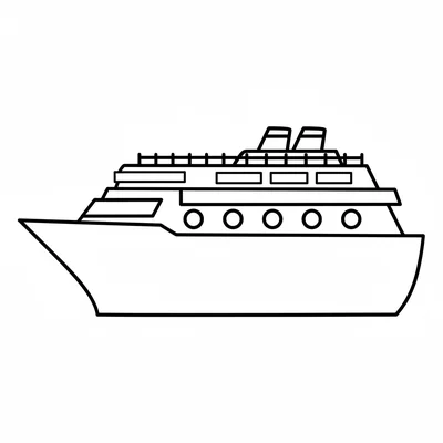 A simple cruise ship with a very long wide hull, multiple decks of windows, 2 coloring page
