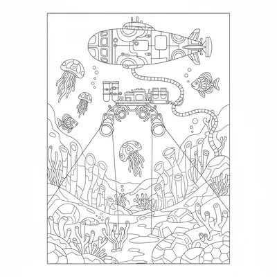A deep sea exploration scene with a research submarine, an ROV tethered below coloring page
