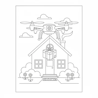 A delivery drone lowering a small package to a home doorstep, hovering above coloring page