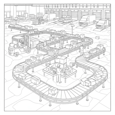 A delivery hub interior with dozens of packages on conveyor belts branching coloring page