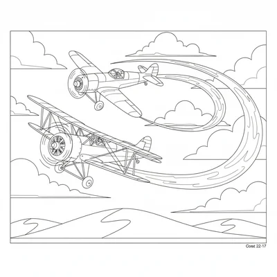 A dogfight scene between 2 propeller planes, one chasing the other in a turning coloring page