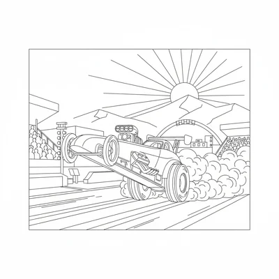 A dragster at the starting line, front wheels lifting off the track as it coloring page