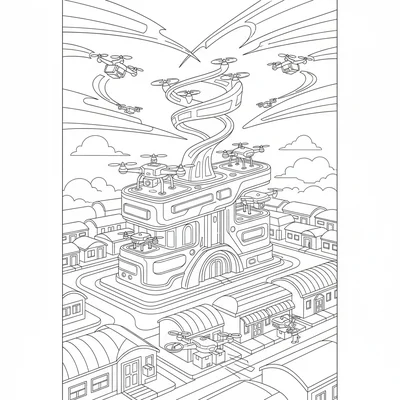A drone swarm delivery hub with 12 drones in different states, charging coloring page