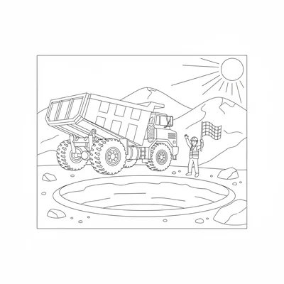 A dump truck backing up to an excavation site pit, the bed beginning to tilt coloring page
