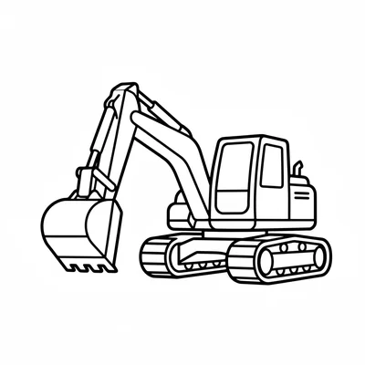 A simple excavator with a large arm and bucket at the front, a rotating turret coloring page