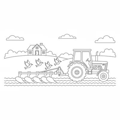 A farm tractor plowing a field, the plow attachment at the back cutting 4 coloring page