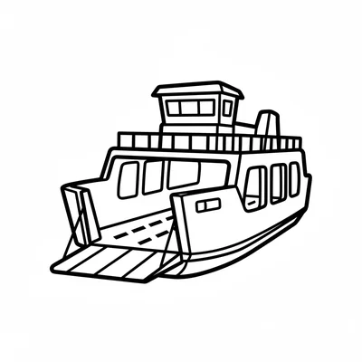 A simple ferry boat with a flat-nosed rectangular hull, a large door coloring page