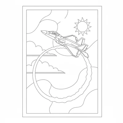 A fighter jet in a climbing loop maneuver, seen from the side as it passes coloring page
