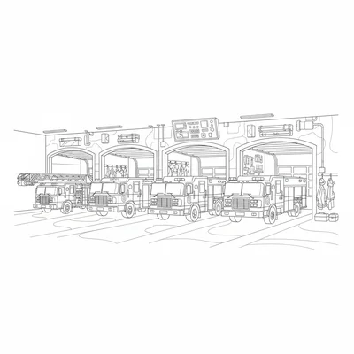 A fire station interior with multiple bays, a ladder truck, a pumper engine coloring page
