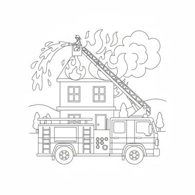 A fire truck at the scene of a building fire, ladder extended upward, water coloring page