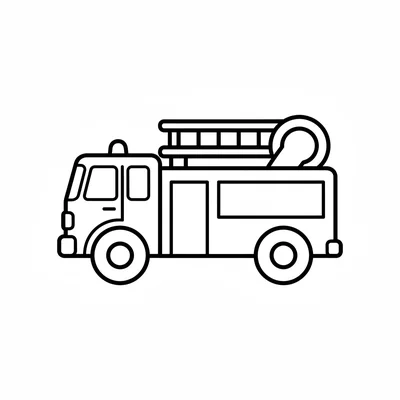 A simple fire truck with a long flat body, a cab at the front, 4 large round coloring page