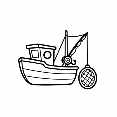 A simple fishing boat with a flat wooden hull, a small cabin at the front coloring page