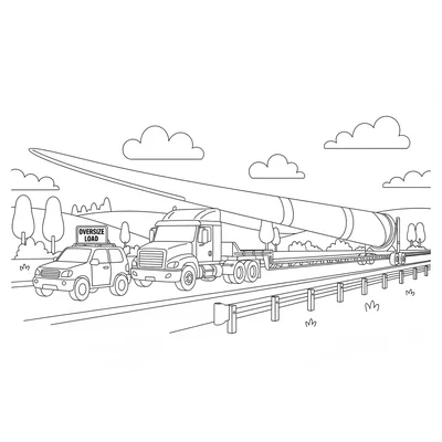 A flatbed truck carrying a large windmill turbine blade, the blade extending coloring page