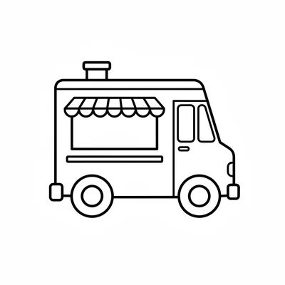 A simple food truck with a large boxy body on 4 wheels, a serving window cut coloring page