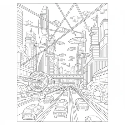 A futuristic city traffic scene with flying cars coloring page