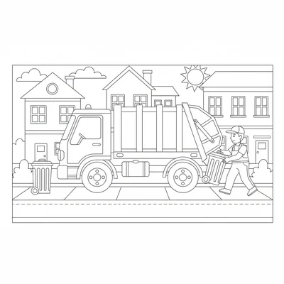 A garbage truck on its daily route, a worker at the back throwing a trash can coloring page