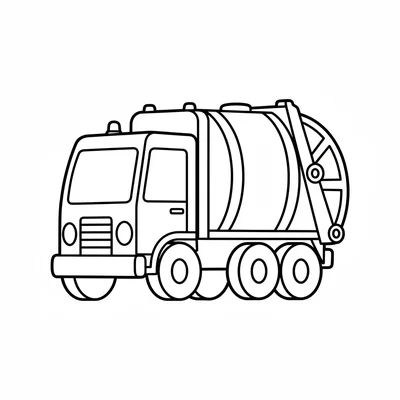 A simple garbage truck with a large round barrel at the back for compacting coloring page