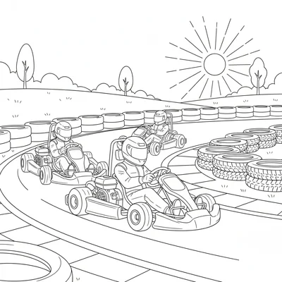 A go-kart race with 3 karts going into a corner, the leading kart coloring page