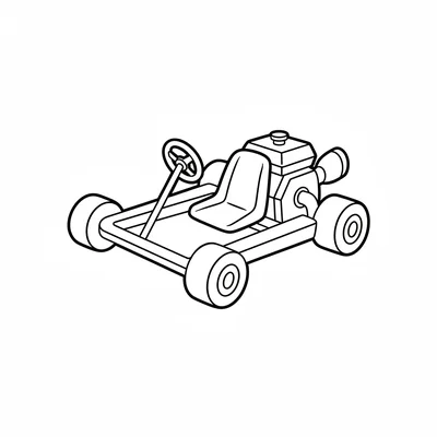 A simple go-kart with a very low flat frame, 4 small wheels, a simple steering coloring page
