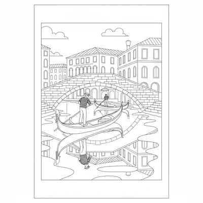 A gondola in Venice navigating under a low stone bridge, the gondolier standing coloring page