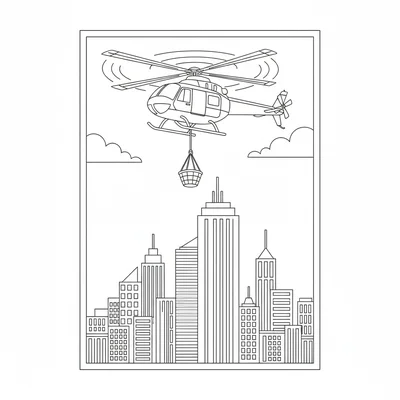 A helicopter hovering over a tall building, one side door open with a rescue coloring page