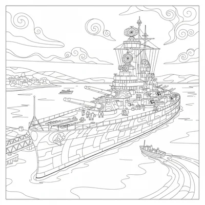 A historic battleship museum at anchor, visitors on the deck near the main gun coloring page