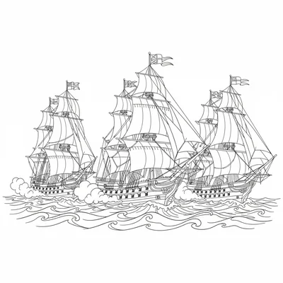 A historic sailing battle scene, 3 tall ships in battle line, cannons visible coloring page