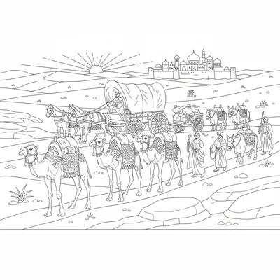 A historic Silk Road caravan scene with camels carrying cargo bundles coloring page