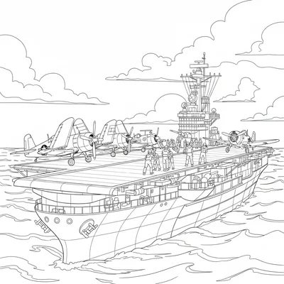 A historic World War II era aircraft carrier with propeller coloring page
