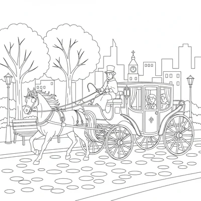 A horse-drawn carriage on a cobblestone street, the horse at a trot, driver coloring page