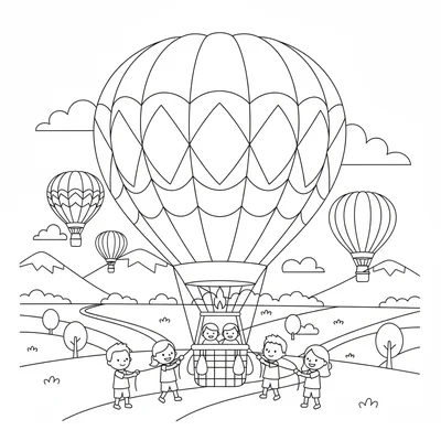 A hot air balloon at a festival launch, ropes held by several small figures coloring page