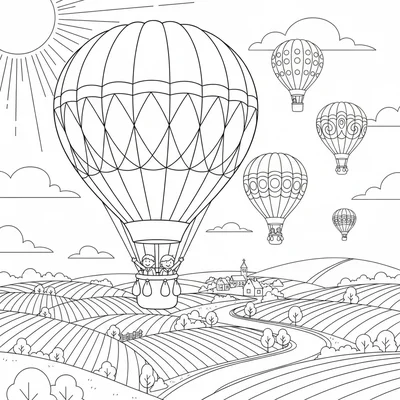 A hot air balloon race in progress with 5 balloons at different heights over coloring page